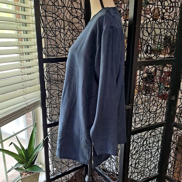 Bogari Collection Size Medium Navy Blue Silk Tunic Buttons Long Sleeve Lagenlook - Picture 3 of 8